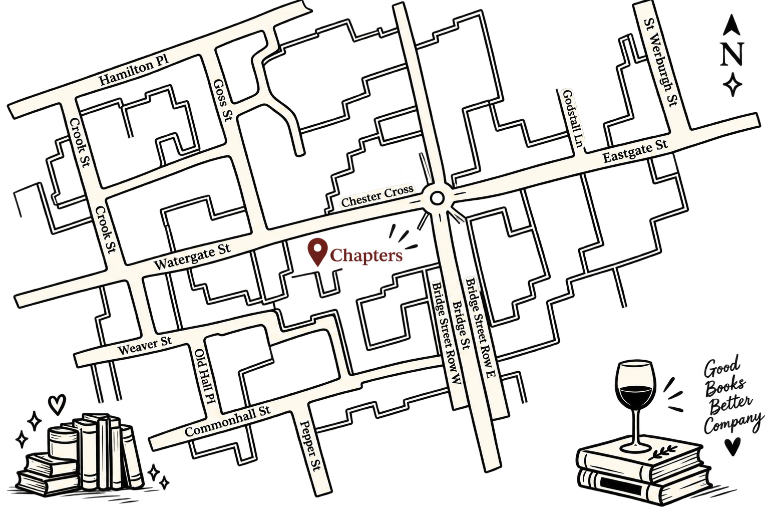 Hand-drawn map of Chester city centre with Chapters pinned on Watergate Street